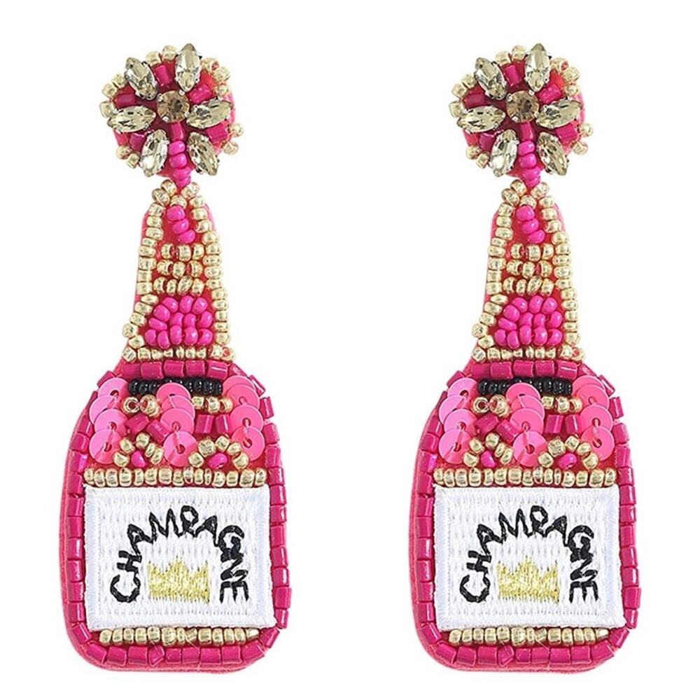 Pink Champagne Bottle Beaded Sequin Earrings